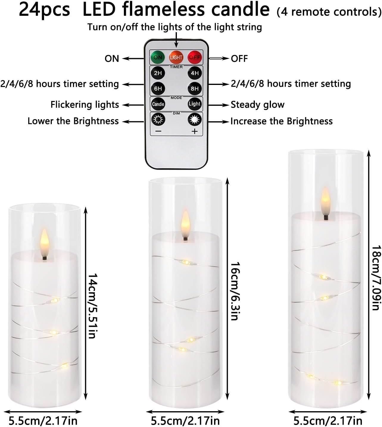YOROXRG Set of 24 Waterproof Outdoor Flameless Candles, LED Candles with 4 Remote and Timer,(H 4" 5" 6" x D 2.2"),for Halloween Wedding Festiv