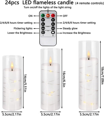 YOROXRG Set of 24 Waterproof Outdoor Flameless Candles, LED Candles with 4 Remote and Timer,(H 4" 5" 6" x D 2.2"),for Halloween Wedding Festiv