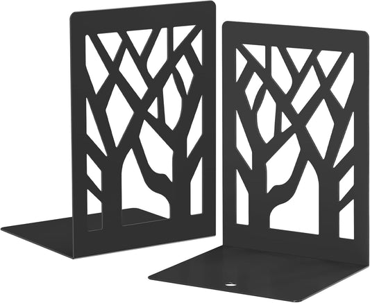 VFINE 4-Piece Modern Metal Bookends for Shelves, Black Tree Book Ends for Books, Decorative Book Organizer for Desk, Non-Skid Shelve Bookends for Home Office