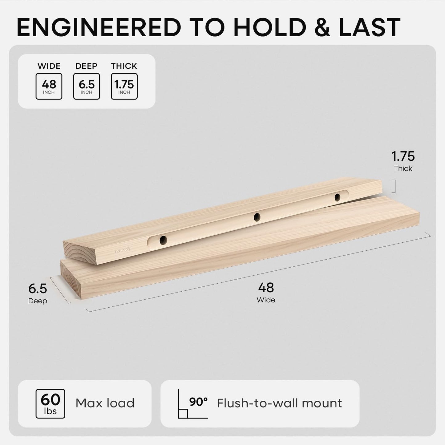 Homeforia 24 inch Natural Floating Shelf, High End Solid Real Wood 24inch Small Floating Shelves for Wall Mounted, Natural Wooden Floating Shelves, Heavy Duty Bracket, 24 X 6.5 X 1.75 in, Set of 2