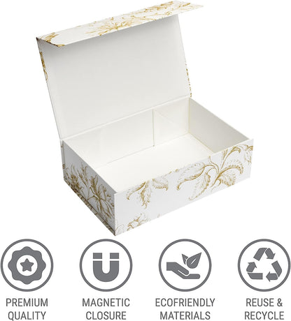 Luxury Keepsake Gift Box | Gold Floral Decorative Boxes with Magnetic Lids for Presents, Wedding Memory Box, and Bridal Gifts. 11.5" x 7.5" x 3.5"