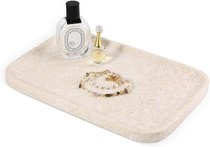 Marble Vanity Tray for Dresser Organizer, Travertine Bathroom Tray Countertop, Beige Decorative Serving Trays, Kitchen Sink Storage, Jewelry & Perfume Holder(Travertino Romano)