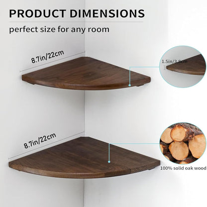 Corner Shelves, Floating Corner Shelf, Set of 2 7inch Solid Oak Wood Wall Shelves, Round End Wall Mount with Wire Hole Shelving for Small Plant for Bedroom Kitchen, Living Room