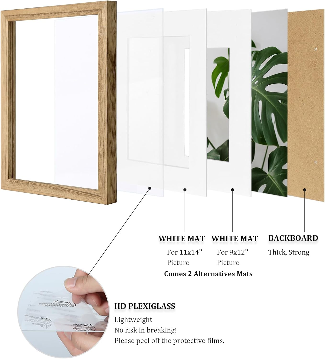Egofine 12x16 Picture Frame Black, Covered by Plexiglass Made of Solid Wood, Display Pictures 9x12 and 11x14 with Mat or 12x16 Without Mat, for Wall Mounting Photo Frame - Colors A
