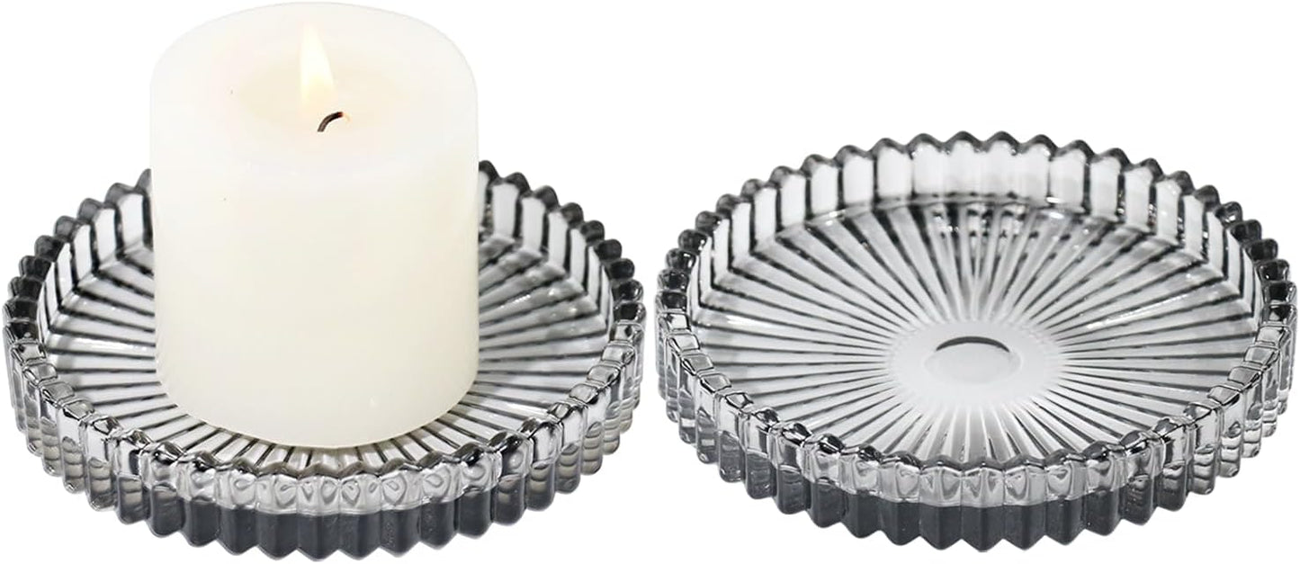 Vixdonos 3.8 Inch Glass Pillar Candle Holder Set Pack 2 Gear Round Plate Serrated Candle Stand for Table Centerpieces,Party, Wedding and Home Decor