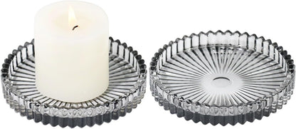 Vixdonos 3.8 Inch Glass Pillar Candle Holder Set Pack 2 Gear Round Plate Serrated Candle Stand for Table Centerpieces,Party, Wedding and Home Decor