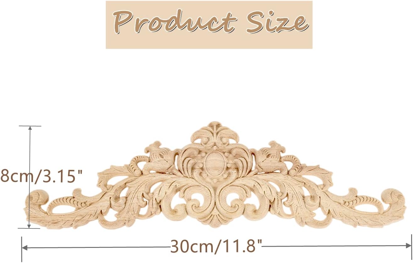 MUXSAM Long Wood Carved Appliques Onlays, 1-Pack Unpainted Decorative Corner Carving Decals Set for Wall Door Cabinet Mirror Closet Wardrobe Dresser Mantel Staircase DIY Project, 30x8cm/11.81"x3.15"