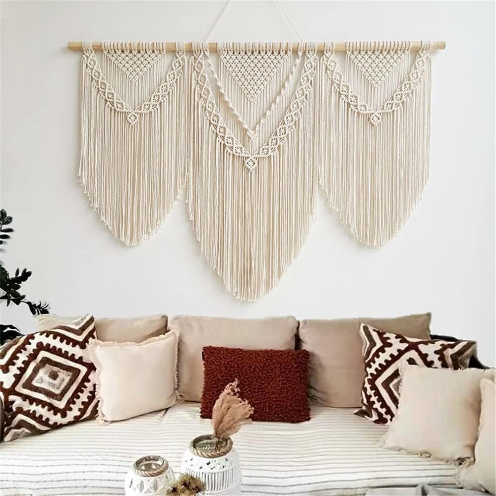 guzhiou large macrame wall hanging - Boho Tapestry Macrame Wall Decor Art- Chic Bohemian Handmade Woven Tapestry Home Decoration for Bedroom Living Room Apartment Wedding Party - 43"x32" (Wood bead)