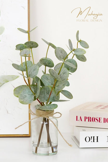 Muhanjia Artificial Eucalyptus Stems in Glass Vase with Faux Water,3Pcs Fake Plant with Double-Sided Green Leaves for Centerpiece(Double-Sided Green Eucalyptus)