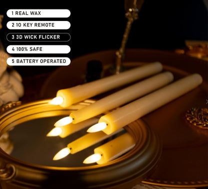 KSWING Upgraded Real Wax Short LED Flameless Taper Candles with Remote, 6 PCS White Candlesticks Battery Operated 3D Flickering - 6" Realistic Fake Candle Sticks for Home/Wedding/Fireplace Xmas Decor