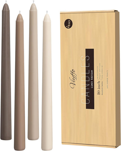 Viyffo Taper Candles, 10 Inch, 4 Pack, Olive Glow – Unscented, Dripless & Smokeless Design, Up to 8 Hour Burn – Long Tall Taper Candlesticks for Wedding, Dinner & Home Decor