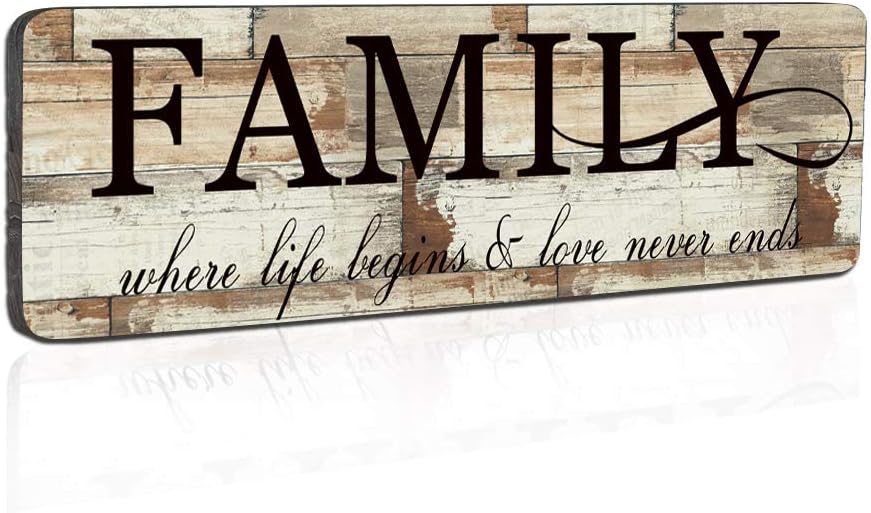 Wood Wall Decor Sign Family Wall Art Sign Home Inspirational Motto Printed Plaque Sign-Family, Where Life Begins and Love Never Ends 16"x5"-Wood Wall Decorations for Home Decor
