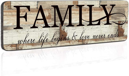 Wood Wall Decor Sign Family Wall Art Sign Home Inspirational Motto Printed Plaque Sign-Family, Where Life Begins and Love Never Ends 16"x5"-Wood Wall Decorations for Home Decor