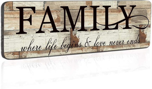 Wood Wall Decor Sign Family Wall Art Sign Home Inspirational Motto Printed Plaque Sign-Family, Where Life Begins and Love Never Ends 16"x5"-Wood Wall Decorations for Home Decor