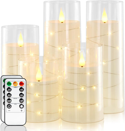 Homemory Flameless Candles with Embedded Star String Fairy Lights, Battery Operated Candles, LED Candle, Fake Candles with Remote Control and Timer for Halloween, Gray Acrylic, Set of 5(H4"5"6"8"8")