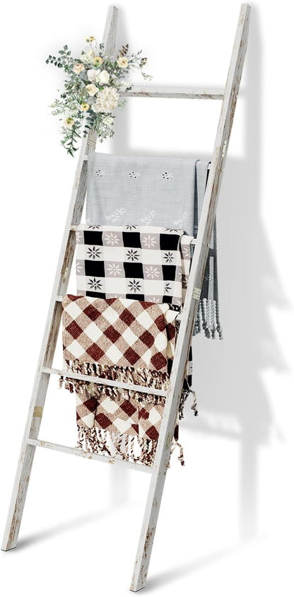 6-Tier Blanket Ladder Wooden, 5.7FT(66.5'') Blanket Quilt Towel Holder Rack Decorative Ladder, Easy Assembly, Rustic Farmhouse Ladder Shelf for The Living Room Bedroom Bathroom Home Decor, Brown