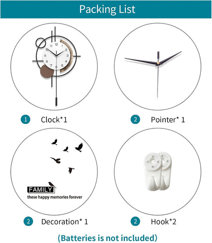 Wall Clock for Living Room Decor Decorative Wall Clock with Pendulum Silent Quartz Battery Operated Black Metal Large Clock for Dining Room,Kitchen,Home,Bathroom,Bedroom,13.8x21.3 in