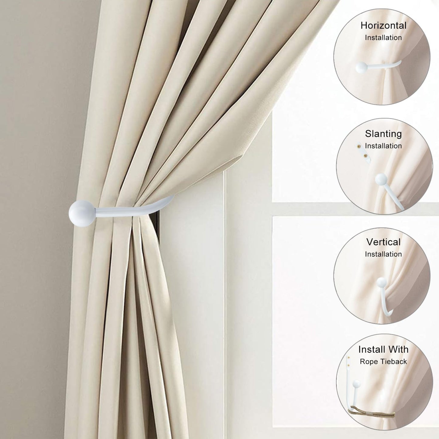 2 Pack Curtain Holdbacks - Silver, Decorative Drapery Wall Hooks with Hardware, Curtain Pull Back Hooks, Metal Curtain Tiebacks Wall Mounted, Window Side Holders for Drapes, Curtain Accessories