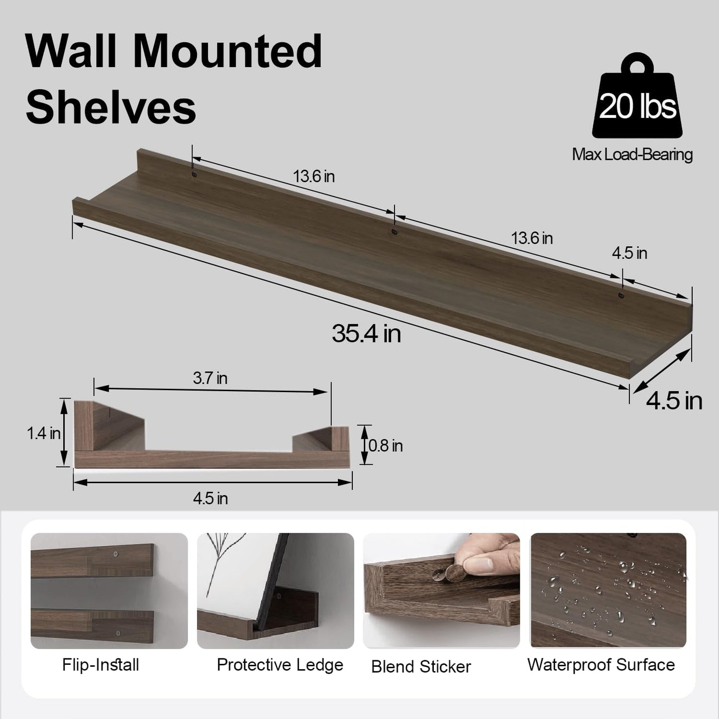 White Floating Shelves for Wall Decor, Wall Mounted Wood Storage Shelf for Bedroom, Living Room, Bathroom, Kitchen, Nursery, Display Picture Ledge Shelf with Lip Set of 2-14 Inches, White