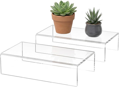 Sezanrpt Acrylic Shelf Riser 12x4.7x3 pack of 2, Desktop Rectangular Acrylic Tray Pedestal Stand for Funko Pop Figure, Bags, 12x4.7x3 Inch
