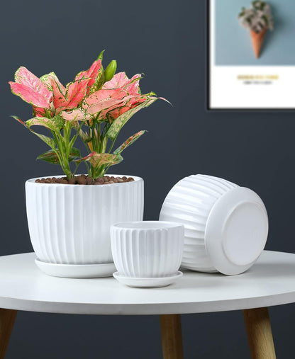 Ton Sin Grey Flower Pots, Texture Planter for Indoor Plants Set of 3 Ceramic Flower Pots with Saucer, Cute Garden Pots Succulent Pots, 6.75/5.6/4.2 Inch, Indoor Outdoor Home Garden Decor