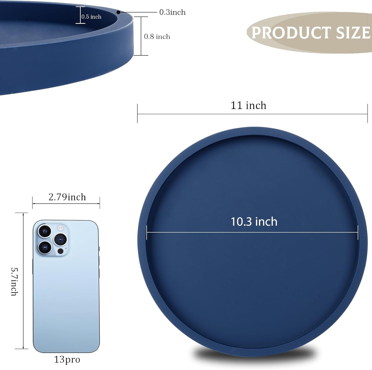 Silicone Bathroom Tray Round Vanity Tray Decorative Soap Holder Kitchen Countertop Organizer Coffee Table Decor for Candle, Perfume, Plant, 9 Inch, Black