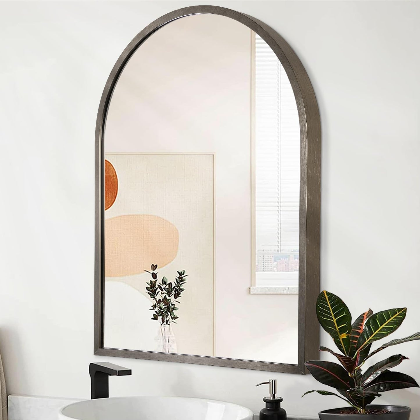 Black Arched Wall Mirror Aluminum Alloy Frame Bathroom Mirror Brushed Metal Vanity Wall Mounted Mirror for LivingRoom Bedroom Entryway Room Home Decor 16"x12"