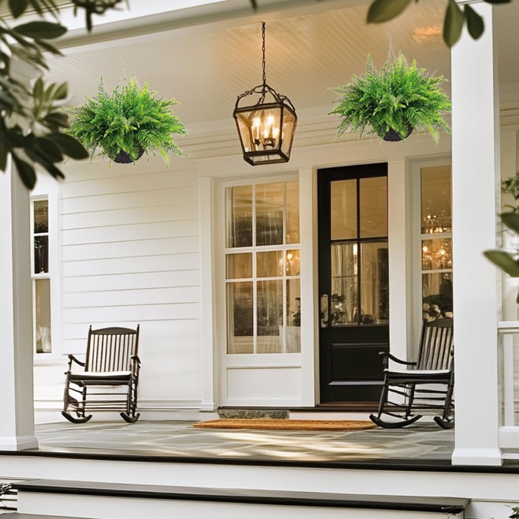 Outdoor Fake Hanging Fern – Artificial Hanging Ferns 2 Pack, Large Faux Boston Fern Bushes, UV Resistant Outdoor Hanging Plants for Front Porch, Patio & Indoor Decor