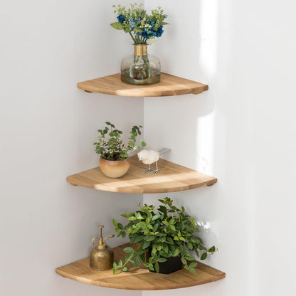 Corner Shelves, Floating Corner Shelf, Set of 2 7inch Solid Oak Wood Wall Shelves, Round End Wall Mount with Wire Hole Shelving for Small Plant for Bedroom Kitchen, Living Room