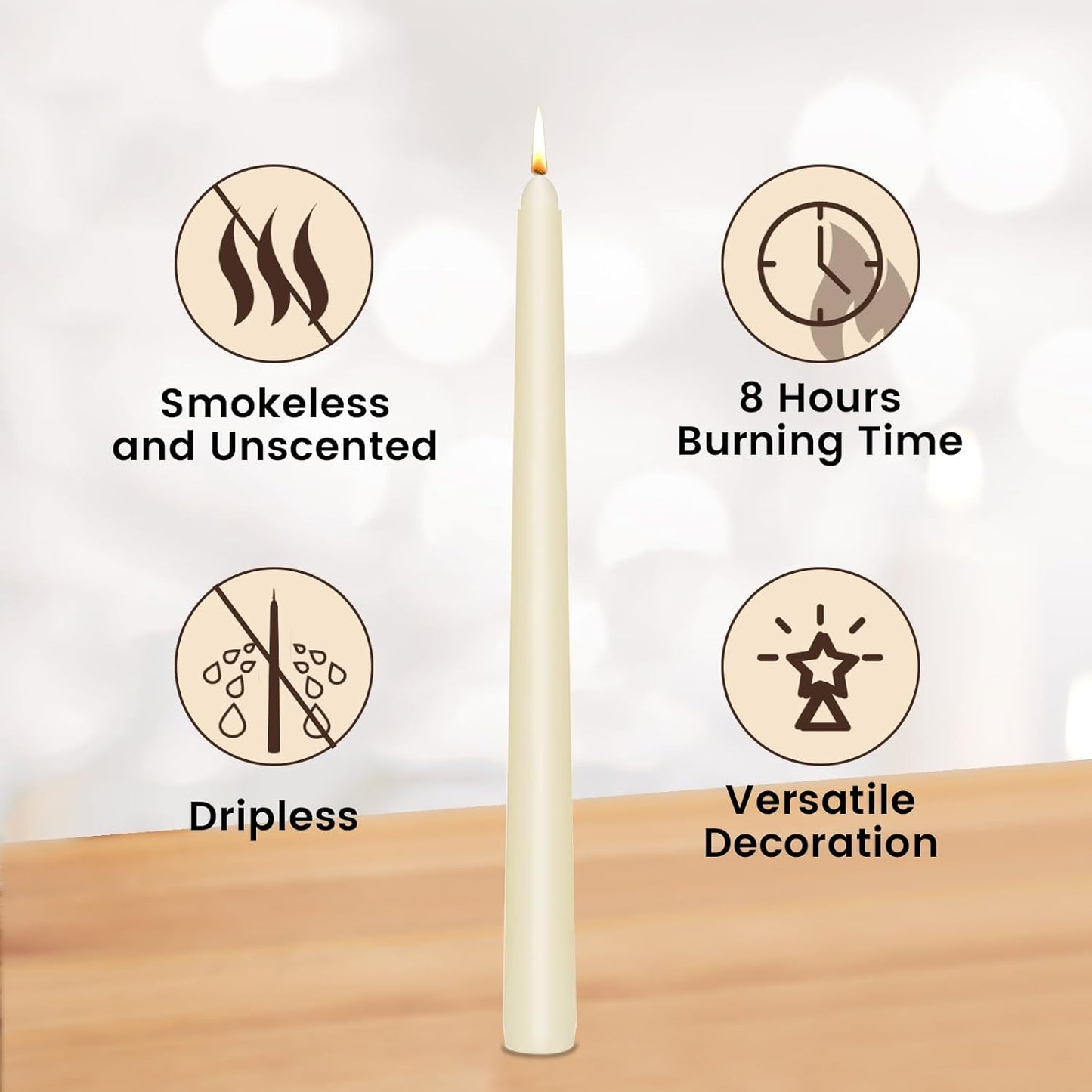 KORCCI Ivory Taper Candles 10 Inch - Set of 6 Long Candles, 8 Hours Long Burning, Smokeless & Unscented & Dripless, for Christmas Holiday Décor, Weddings, Birthdays, Dinner, Rituals (Ivory)