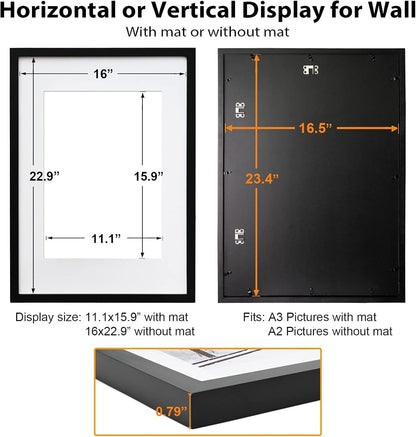 Egofine 12x16 Picture Frame Black, Covered by Plexiglass Made of Solid Wood, Display Pictures 9x12 and 11x14 with Mat or 12x16 Without Mat, for Wall Mounting Photo Frame - Colors B