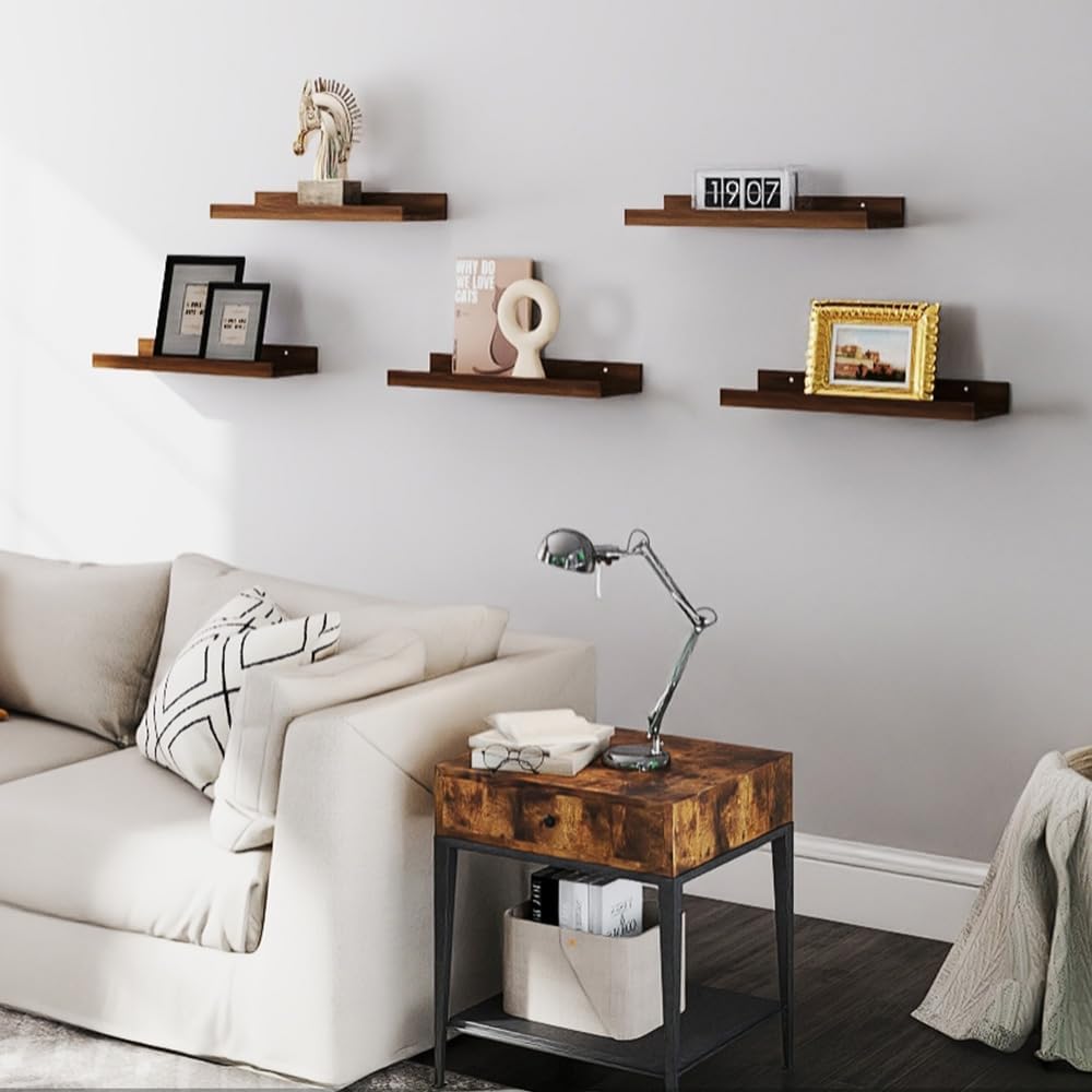 RICHER HOUSE 5 Set Floating Wall Mounted Shelves, Black Shelves for Wall Decor, Modern Picture Ledge Shelf with Lip for Storage, Nursery, Bedroom, Living Room, Bathroom - Black