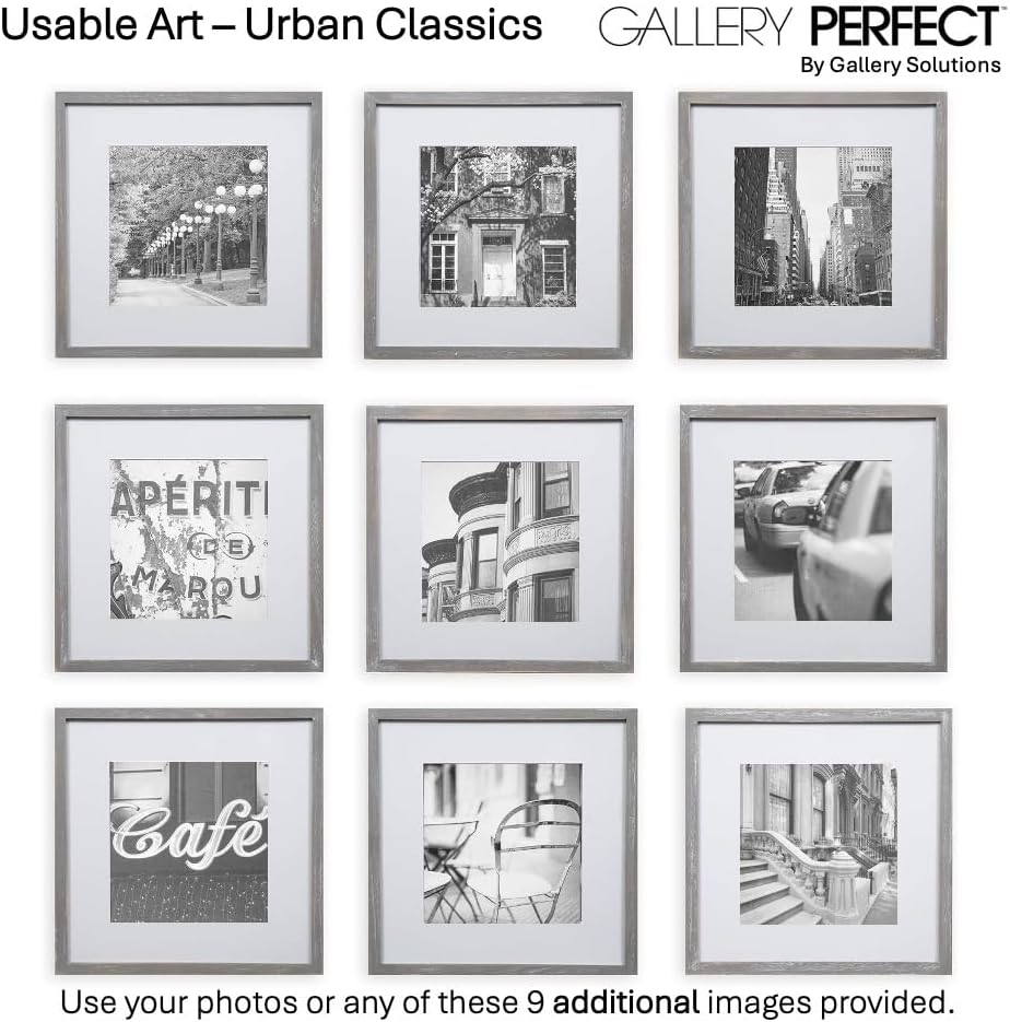 Gallery Perfect 12x12 Picture Frames, 9 Piece Set with Real Glass Cover for 8x8 Photos With Mat, Picture Frames Collage Wall Decor for Gallery Wall, Home Decor, Black