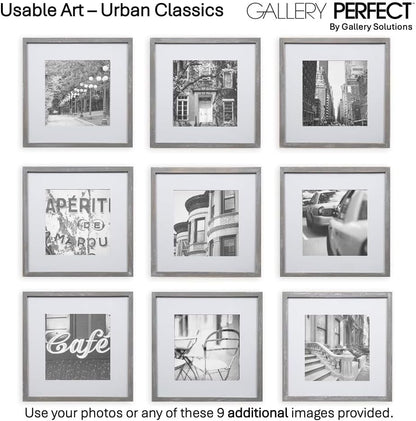 Gallery Perfect 12x12 Picture Frames, 9 Piece Set with Real Glass Cover for 8x8 Photos With Mat, Picture Frames Collage Wall Decor for Gallery Wall, Home Decor, Black