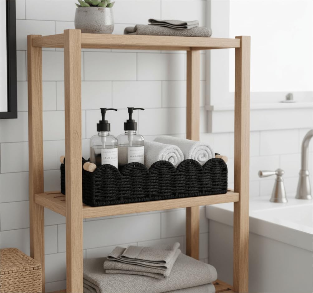 CubesLand Paper Rope Scalloped Edge Toilet Paper Storage Basket, Small Living Room, Bedroom Decor Baskets for Over Toilet Storage Shelf, End Table, Shelves and More, with 2 Wooden Handle, Neutral
