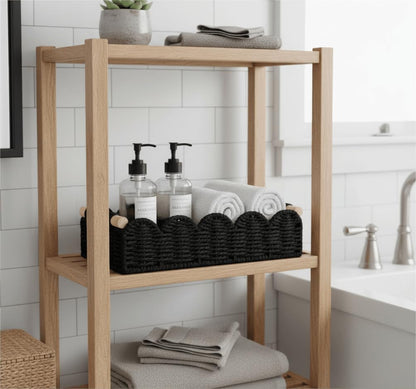 CubesLand Paper Rope Scalloped Edge Toilet Paper Storage Basket, Small Living Room, Bedroom Decor Baskets for Over Toilet Storage Shelf, End Table, Shelves and More, with 2 Wooden Handle, Neutral