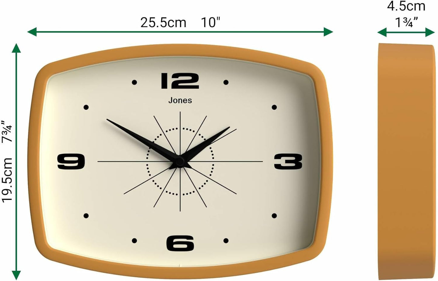 JONES CLOCKS® Movie wall Clock | Retro Rectangular Clock | 10 inch | Orange | Cool mid-Century Designer Look for Kitchen, Living Room or Office