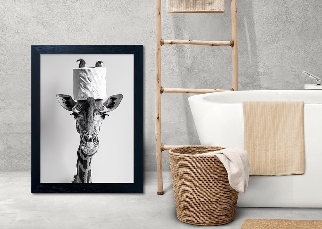 Bathroom Picture Wall Decor, Framed Black and White Bathroom Wall Art, Toilet Paper in Little Funny Raccoon's Hand Animal Canvas Print Painting