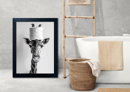 Bathroom Picture Wall Decor, Framed Black and White Bathroom Wall Art, Toilet Paper in Little Funny Raccoon's Hand Animal Canvas Print Painting