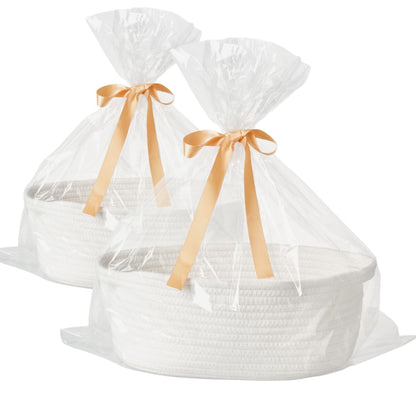 Small Woven Gift Basket Empty with Bag & Ribbon - Gifts for Mom, Baby Shower, Birthdays & Raffle - Cotton Rope Storage Basket for Dog Toys or Shelf - 12"x8"x5", White