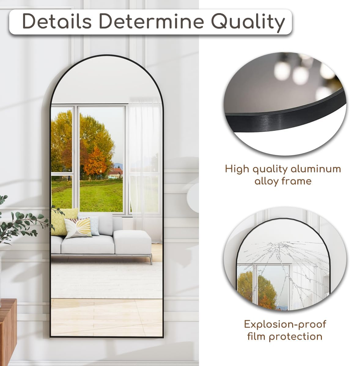 Dewfig Arched Full Length Mirror, 76"x34" Large Floor Mirror, Full Body Mirrors for Leaning or Hanging, Standing Mirrors for Bedroom, Living Room,Dressing Room, Aluminum Alloy Frame, Black