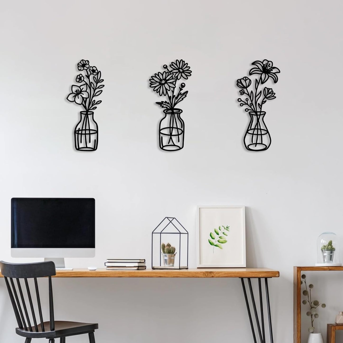 3 Pcs Metal Vase Wall Arts,Iron Art Painting,Rustic Farmhouse Decor Minimalist Flower Wall Decor for Bedroom Bathroom Living Room Dining Room(Blue, Vase-D)