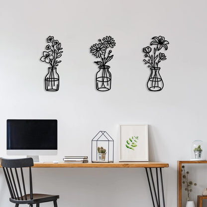 3 Pcs Metal Vase Wall Arts,Iron Art Painting,Rustic Farmhouse Decor Minimalist Flower Wall Decor for Bedroom Bathroom Living Room Dining Room(Blue, Vase-D)