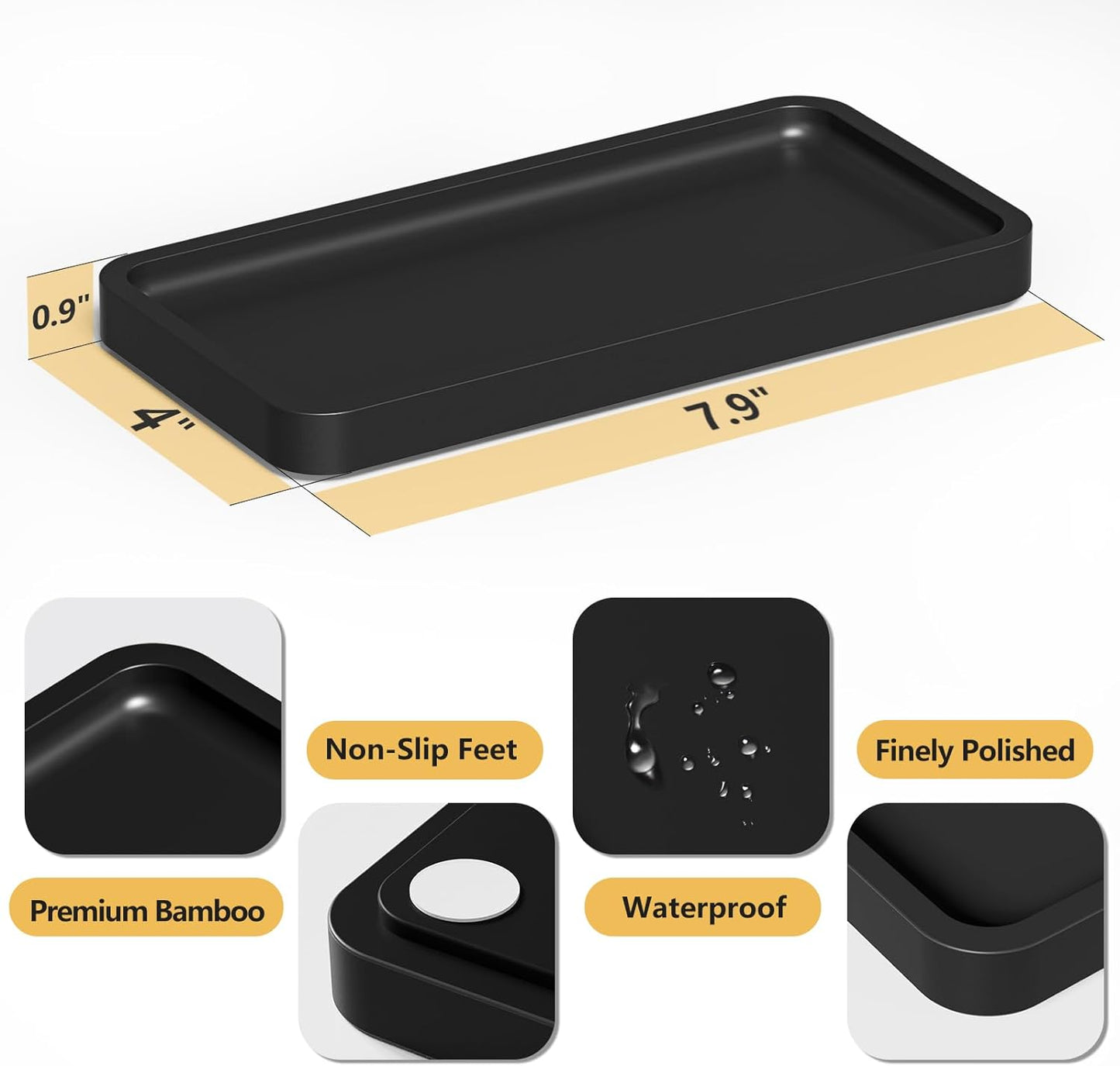 Bathroom Vanity Tray for Countertop - Bamboo Organizer Tray for Dresser Tops, Toilet, Perfume Small Decorative Tray Wood Tray for Home Decoration 11.81” L x 6.1” W x 0.79” H Black