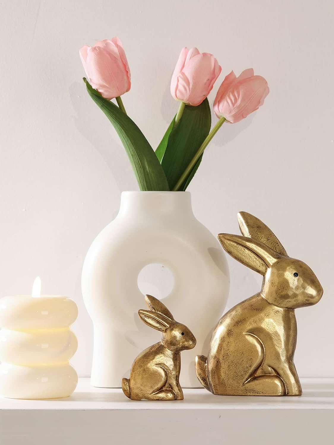 DN DECONATION Golden Polyresin Bunny Decor Rabbit Figurines, Easter Bunny Statue Set of 3 for Spring Tabletop Decor