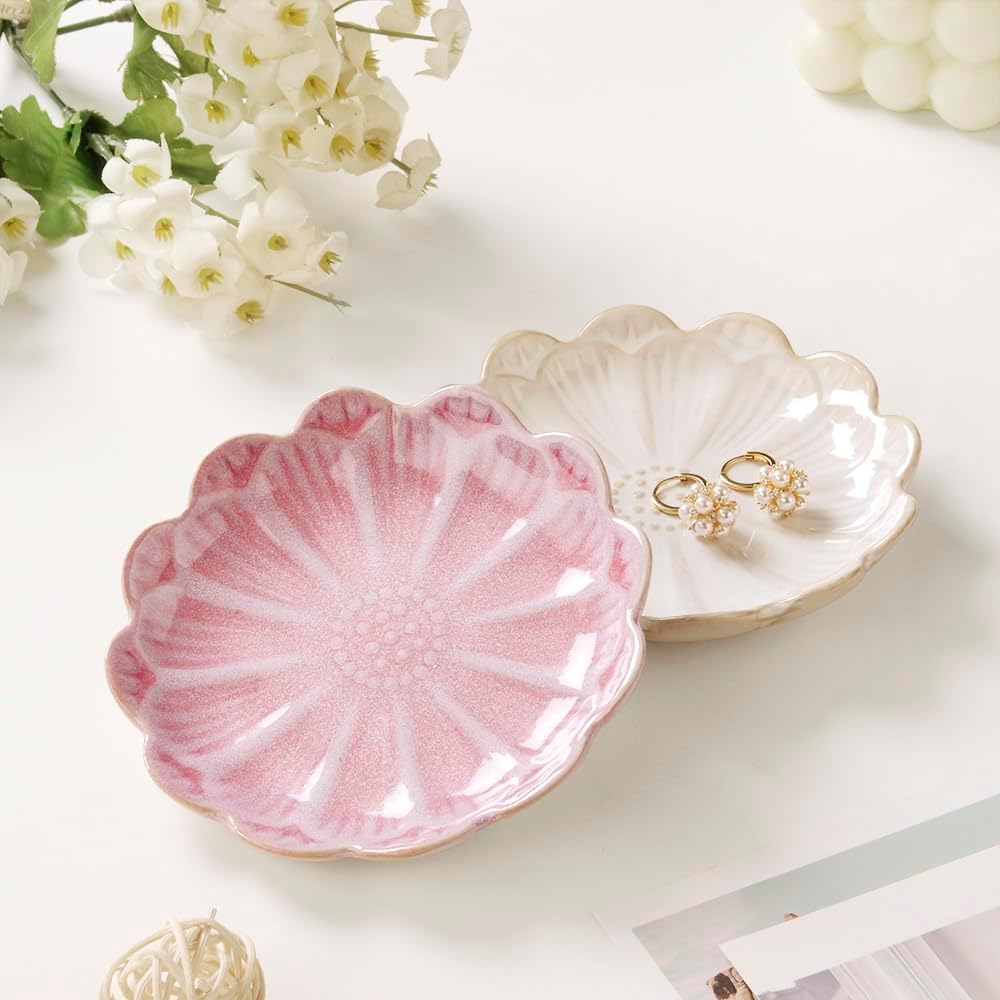 JAMEND CLXP Lotus Leaf Shape Decorative Ring Tray, Small Key Bowl, Ceramic Trinket Tray Jewelry Dish Organizing Necklace Earrings, Home Decoration for Mom Best Friend Sister, Pink.