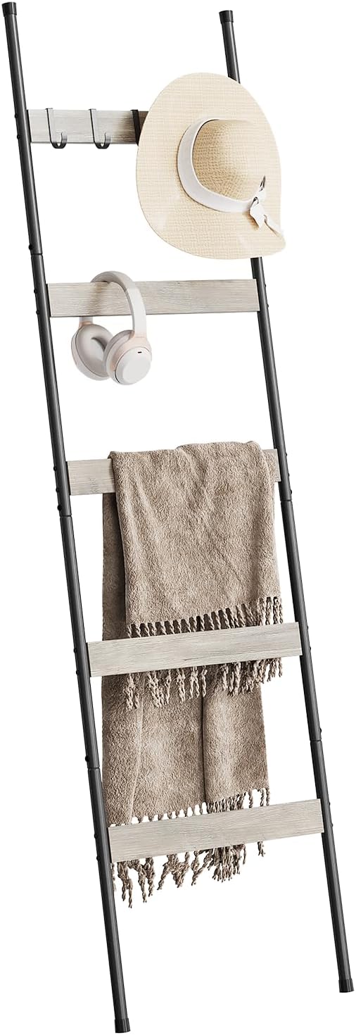 ELYKEN Blanket Ladder for Living Room, Farmhouse 5-Tier Quilt Holder with 4 Removable Hooks for Bathroom, Wood Towel Rack Display, Wall Anchor Leaning Decorative Stand for Home, Rustic Brown