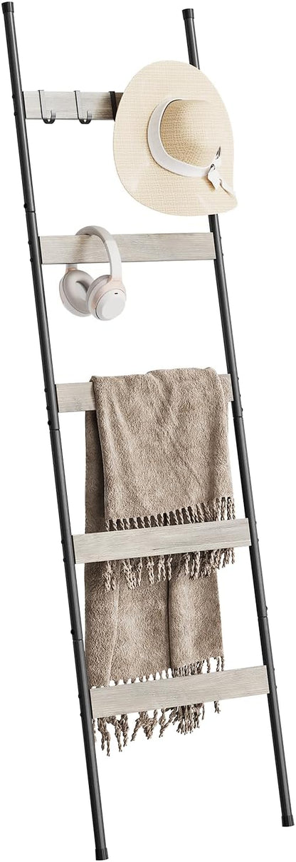 ELYKEN Blanket Ladder for Living Room, Farmhouse 5-Tier Quilt Holder with 4 Removable Hooks for Bathroom, Wood Towel Rack Display, Wall Anchor Leaning Decorative Stand for Home, Rustic Brown