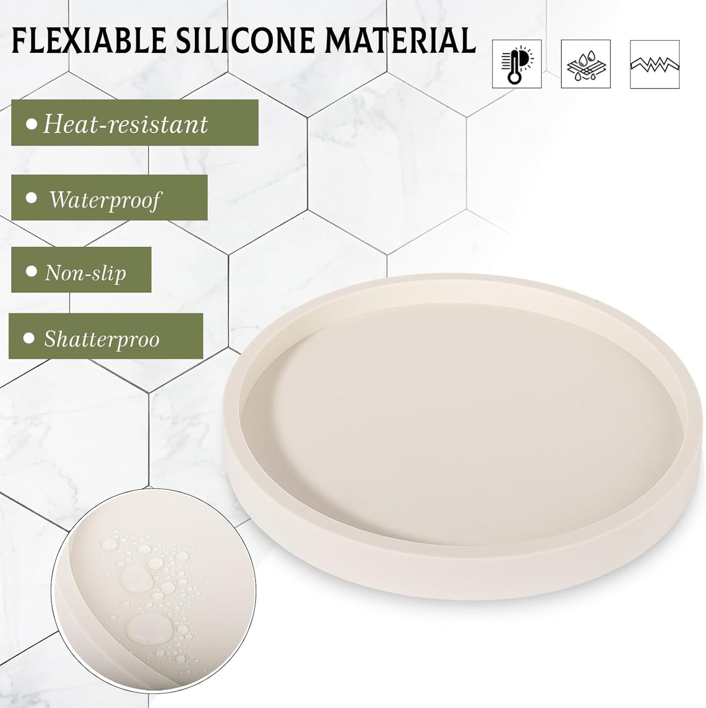 Silicone Bathroom Tray Round Vanity Tray Decorative Soap Holder Kitchen Countertop Organizer Coffee Table Decor for Candle, Perfume, Plant, 9 Inch, Black