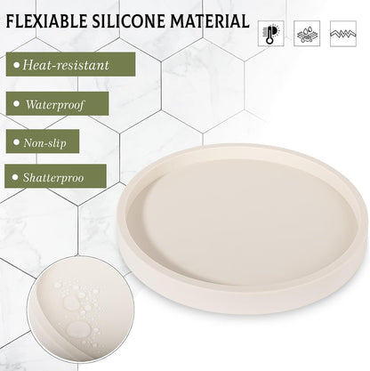 Silicone Bathroom Tray Round Vanity Tray Decorative Soap Holder Kitchen Countertop Organizer Coffee Table Decor for Candle, Perfume, Plant, 9 Inch, Black